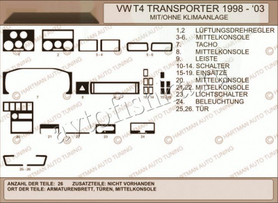 Volkswagen Transporter T4 1998-2003 декоративные накладки (отделка салона) под дерево, карбон, алюминий